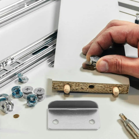Badass Heavy Duty L Shape Drawer Lock Strike Plates Silver Metal Latch Fasteners For Cabinet Security Right Angle Iron Hardware To Secure Your Stash Premium Furniture Reinforcement Replacement Hardware For Dressers Desks And Cabinets Pack Of Twenty with hand installing.