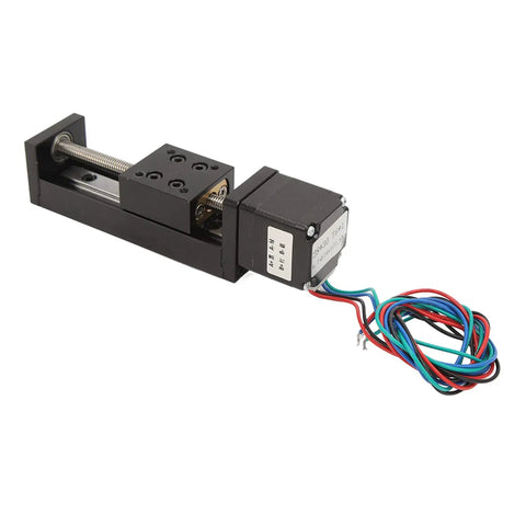 50mm Stroke Mini Linear Rail Guide Slide Actuator Built Like A Workhorse Featuring Heavy Duty Alloy Stepper Motion Stage with wires.