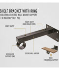 Heavy Duty Wall Mount Shelf Bracket With Ring For Pipe Or Wood Shelving, Black Finish, 7.9 Inch Depth, cold rolled steel design