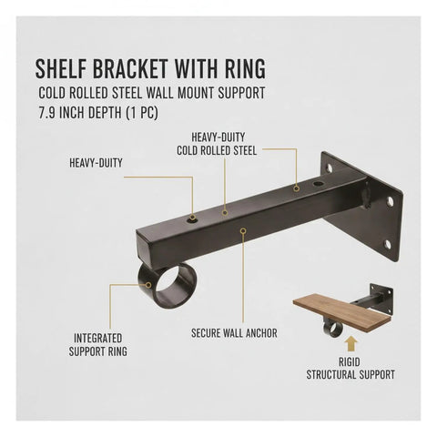 Heavy Duty Wall Mount Shelf Bracket With Ring For Pipe Or Wood Shelving, Black Finish, 7.9 Inch Depth, cold rolled steel design