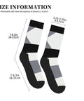 Fresh Black And White Piano Grid Print Crew Socks For Men And Women Straight Up Comfy Polyester Athletic Hosiery with size details.