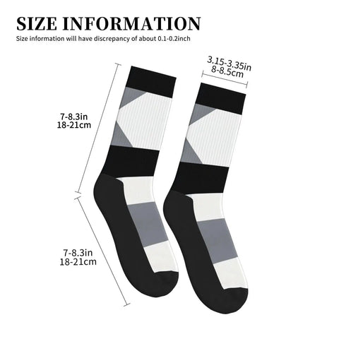 Fresh Black And White Piano Grid Print Crew Socks For Men And Women Straight Up Comfy Polyester Athletic Hosiery with size details.