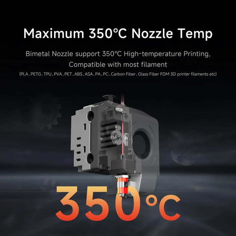 Rocket Fast 3D Printer With Auto Leveling And Camera, showing 350 Celsius hotend nozzle for high-temperature printing.
