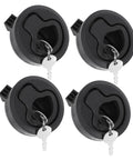 Front view: four black flush pull boat latches with keys; round marine-grade locking cabinet handles for RV/deck hatch