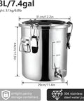 Straight Up Heavy Duty 304 Stainless Steel Beverage Dispenser With Easy Flow Spigot, Airtight Food Storage Container For Liquids And Bulk Grains, 28L capacity.