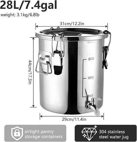 Straight Up Heavy Duty 304 Stainless Steel Beverage Dispenser With Easy Flow Spigot, Airtight Food Storage Container For Liquids And Bulk Grains, 28L capacity.