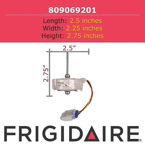 Evaporator Fan Motor 809069201 for Refrigerators with dimensions and white casing, easy install durable craftsmanship.