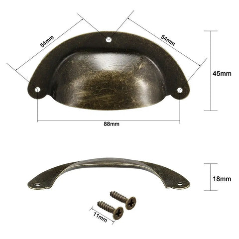 Top Shelf Vintage Bronze Cup Pulls For Kitchen Cabinets And Dressers Featuring Heavy Carbon Steel Build With Flawless 3.9 Length And 1.77 Width For A Killer 6 Pack Furniture Refresh with dimensions and screws.