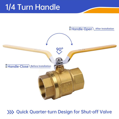 Beefy 2 Inch Brass Ball Valve NPT Female Full Port With Yellow Vinyl Insulated Handle showing 90-degree turn mechanism.
