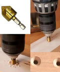 Badass Titanium Coated Hss Countersink Drill Bit Set, 82-degree chamfer, drilling into wood, cutting clean holes.