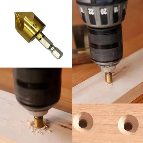 Badass Titanium Coated Hss Countersink Drill Bit Set, 82-degree chamfer, drilling into wood, cutting clean holes.
