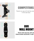 Comparison of a competitor's bike wall mount and our bike wall mount with three screws anchored in wall stud for secure storage.