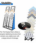 Top Shelf Heavy Duty Tile Sample Display Rack With Rock Solid Iron Frame For Marble Slab Floor Board Templates Large Gold Finish Built Tough Job Site Ready Rack showing stability features and multiple tile samples.
