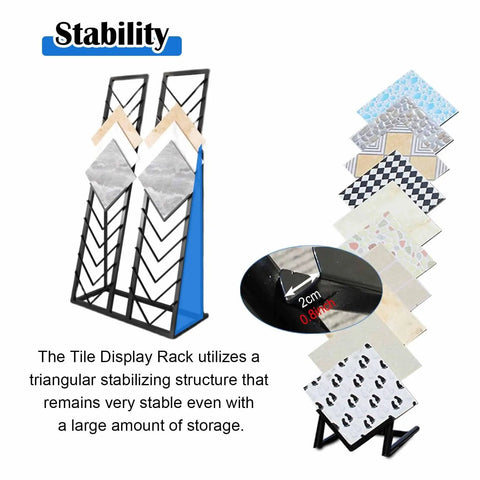 Top Shelf Heavy Duty Tile Sample Display Rack With Rock Solid Iron Frame For Marble Slab Floor Board Templates Large Gold Finish Built Tough Job Site Ready Rack showing stability features and multiple tile samples.