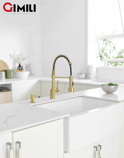 Gold Kitchen Faucet With Soap Dispenser And Pull Down Sprayer installed on white countertop, LED Temperature Light visible