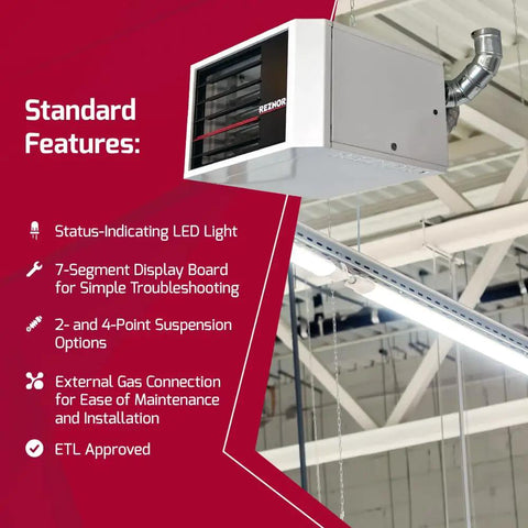 Heavy Duty Vertical Natural Gas Garage Heater Kickin Out 120000 BTU Of Knockout Warmth For Commercial Spaces And Workshops With Dependable Forced Air Flow, showcasing LED light and display board.