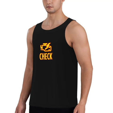 Men's Check Engine Mechanic Workout Tank Top, Black Sleeveless Gym Shirt With Ultra Breathable Polyester, featuring check engine graphic.