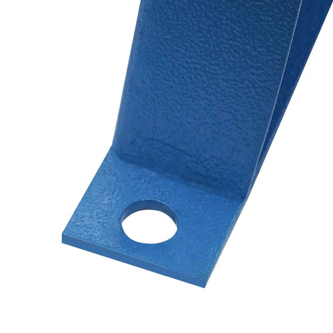 Close-up of Heavy Duty 24 Inch Sheet Metal Bender floor stand with hole for mounting, showing blue metal texture.