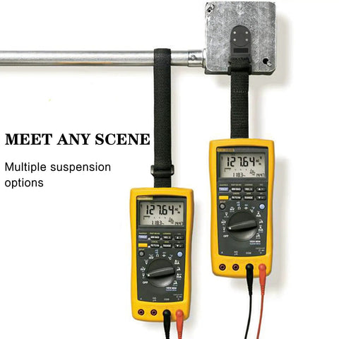 Magnetic Hanging Strap Kit For Digital Multimeters, Durable Magnetic Hanger And Strap Set in use, black, attached to metal bar.