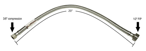 Twenty inch stainless steel braided water supply line with 3/8 inch compression and 1/2 inch FIP for Two Pack Angle Shut Off Valve Set With One Half Inch Inlet And Three Eighths Inch Compression Outlet Includes Escutcheon Plate And Twenty Inch Stainless Steel Braided Lavatory Water Supply Lines Heavy Duty One Quarter Turn Ball Valves For Easy On Off.