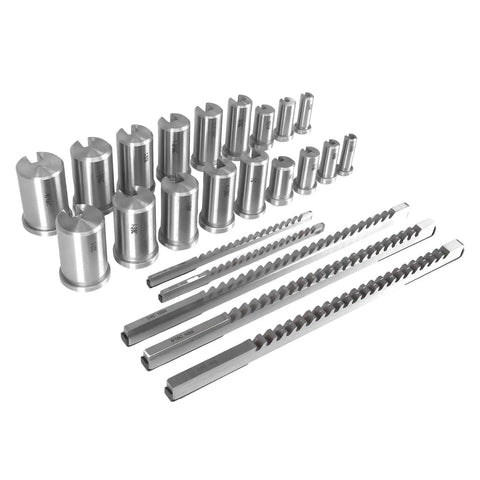 Image of Pro Grade High Speed Steel Keyway Spline Broaching Set For Inch And Metric Sizes, Includes 5 Broaches, 18 Bushings, And 7 Shims.