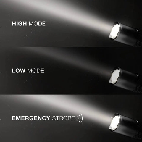 Tactical 2AA LED Flashlight Pen Light For Emergencies And Camping Pocket Sized EDC Gear with three beam modes shown in the dark.