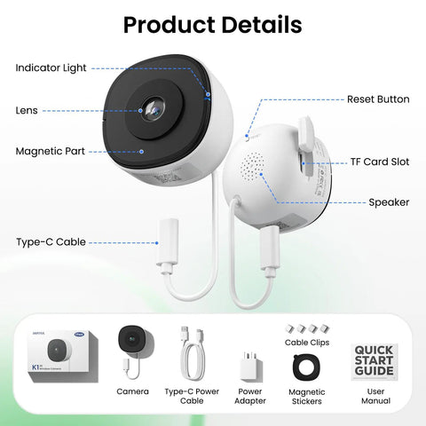 No Drill Window Camera Kit 2K 2 Pack With Dual Band WiFi Two Point Four GHz And Five GHz Dome Cameras showing features and contents.