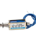 12V DC Solenoid Electromagnet With 5N Pull Push Type, 10mm Stroke, 300mA Current, Tiny Dope Metal Actuator For DIY Electronics Projects, Mini Magnetic Actuator Model JF-0530B, blue wires and spring plunger