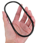 Heavy duty black rubber drive belt shown in hand for sealing machines, ideal for smooth operation and easy swaps.