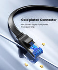 Close-up of Cat 8 Ethernet Cable 20ft Shielded Flat For Gaming PC No Lag PS5 PS4 Xbox Modem Router 40Gbps 2000MHz with gold-plated connector