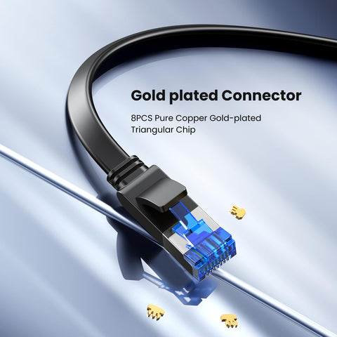 Close-up of Cat 8 Ethernet Cable 20ft Shielded Flat For Gaming PC No Lag PS5 PS4 Xbox Modem Router 40Gbps 2000MHz with gold-plated connector