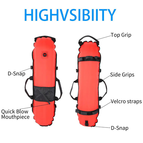 Inflation Torpedo Buoy For Spearfishing And Open Water Safety with grips, Velcro straps, quick blow mouthpiece, durable 420D Nylon