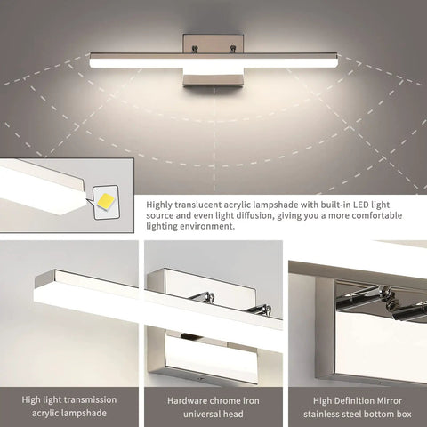 Modern Chrome Vanity Light Bar 20 Inch Long LED Fixture 12W Dimmable Vanity Lighting for Bathroom Makeup Mirror 4000K Daylight Adjustable Wall Sconce ETL Certified Contemporary Bath Decor, shown with close-up details and installation diagram.