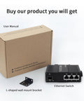Industrial Gigabit Ethernet Switch Workhorse with packaging, user manual, and wall mount bracket included.