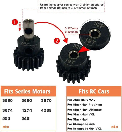 Traxxas Compatible RC Metal Spur Gear Set 54T 32P with 19T pinion and 3.175mm coupler shown with conversion details