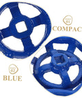 Close-up of blue three pack water valve handwheel cast replacement handles, compact design for outdoor faucets and garden spigots.