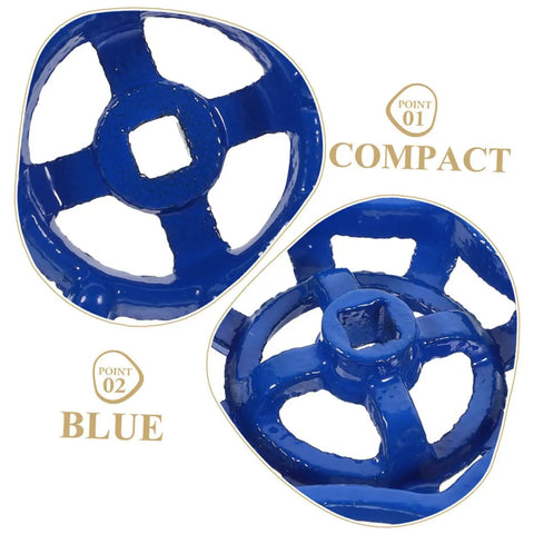 Close-up of blue three pack water valve handwheel cast replacement handles, compact design for outdoor faucets and garden spigots.