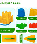 7 Piece Beach Sand Toys Set With Buckets Shovels Rakes And Castle Sand Molds For Kids; various sand molds with dimensions