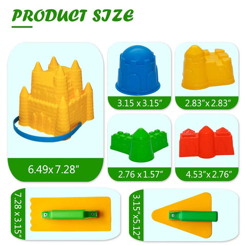 7 Piece Beach Sand Toys Set With Buckets Shovels Rakes And Castle Sand Molds For Kids; various sand molds with dimensions