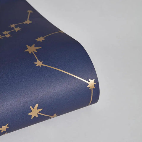 Navy Blue And Metallic Gold Constellations Removable Peel And Stick Wallpaper for DIY home decor, self adhesive and repositionable.