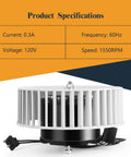 Upgraded Quiet Bathroom Exhaust Fan Motor Replacement showing specs like 0.3A current, 120V, 1550 RPM compatible with ceiling vent fans