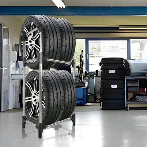 Essential Garage Heavy Duty 4 Tire Storage Rack, Vertical Stand With Space Saving Double Layer Build, Hella Sturdy Steel Frame, Solid Wheel Accessory Organizer Solution