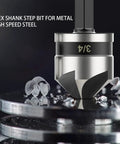 Close-up of 3/4 inch M2 high-speed steel hex shank step bit for metal, part of Pro Grade Countersink Drill Bit Set For Metal And Wood.