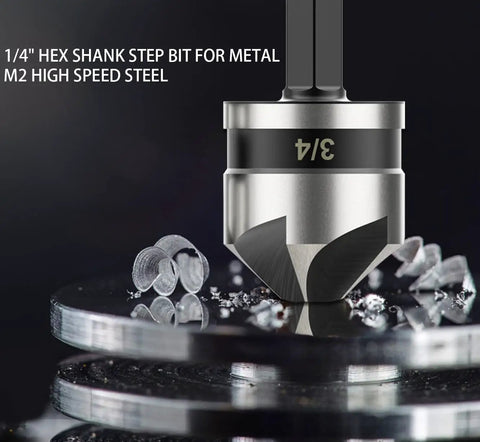 Close-up of 3/4 inch M2 high-speed steel hex shank step bit for metal, part of Pro Grade Countersink Drill Bit Set For Metal And Wood.