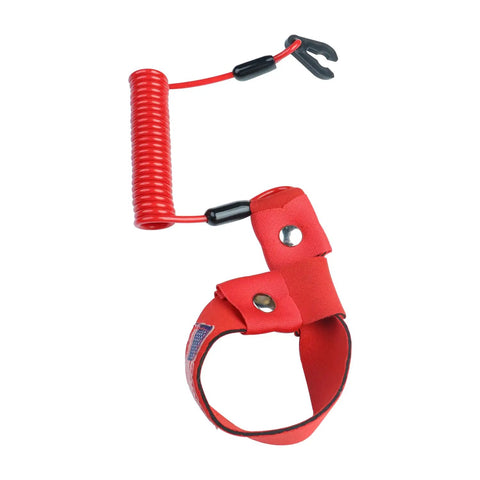 2 Pack Must Have Kill Switch Lanyard For Boat And Jet Ski Replacement Wrist Strap Emergency Kill Stop Cord Tether EW2-68348-00-00 Fits Marine Outboard Ignition Red With Flag, showing red coiled lanyard with wrist strap and clip