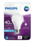Philips LED light bulb packaging showing 40W replacement, 6W, daylight, dimmable bulb with E26 base.