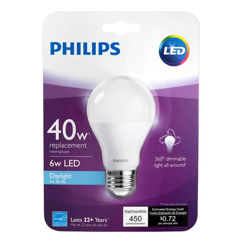 Philips LED light bulb packaging showing 40W replacement, 6W, daylight, dimmable bulb with E26 base.
