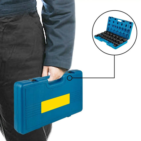 Heavy Duty 3/4 Inch Impact Socket Kit With Shallow Drive Plus Deep Socket 29 Piece Chrome Vanadium Set Featuring 6 Point Grip Design For Lug Nut Removal And Tough Jobs Comes Zippered Carrying Case blue case with 29 sockets
