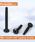 Size Twelve Hex Socket Self Tapping Screws Three Quarter Inch Stainless Steel 410 Sheet Metal Flat Head Black Oxide Finish Fifty Pack Built For Wood Metal And Other Tough Jobs displayed on a white background