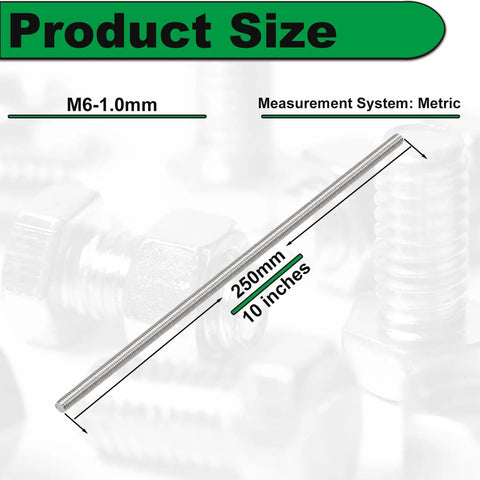 Heavy Duty Fully Threaded Rod Set 6 mm M6 1.0 Pitch 250 mm Long All Thread Rods shown with dimensions and material